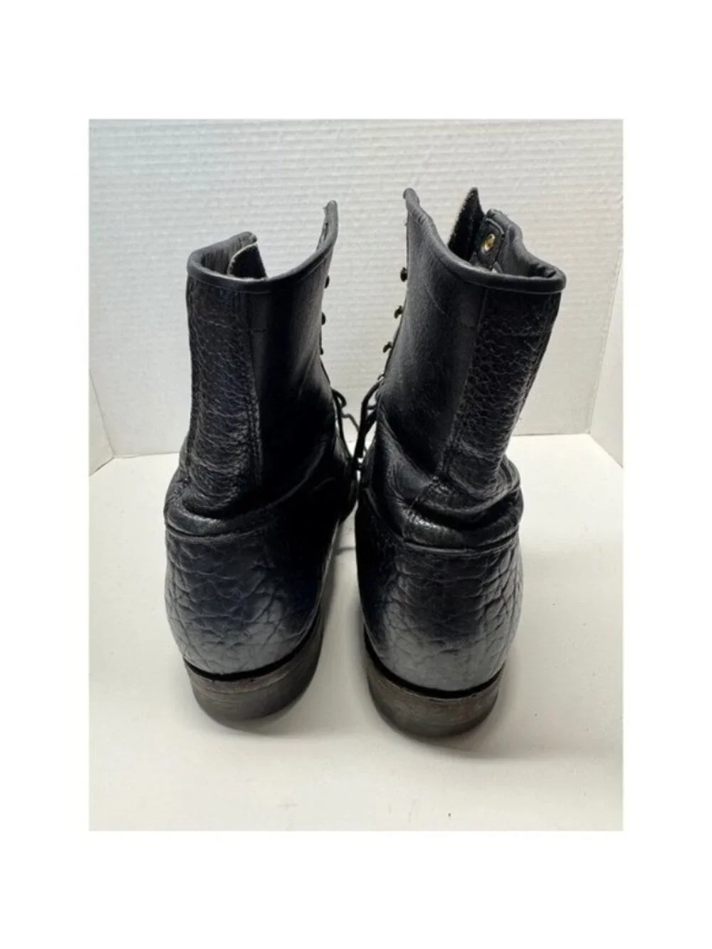 Justin Vintage Black Pebble Comb Leather Lace Up Packer Boots Mens 8.5 E USA - Picture 3 of 13